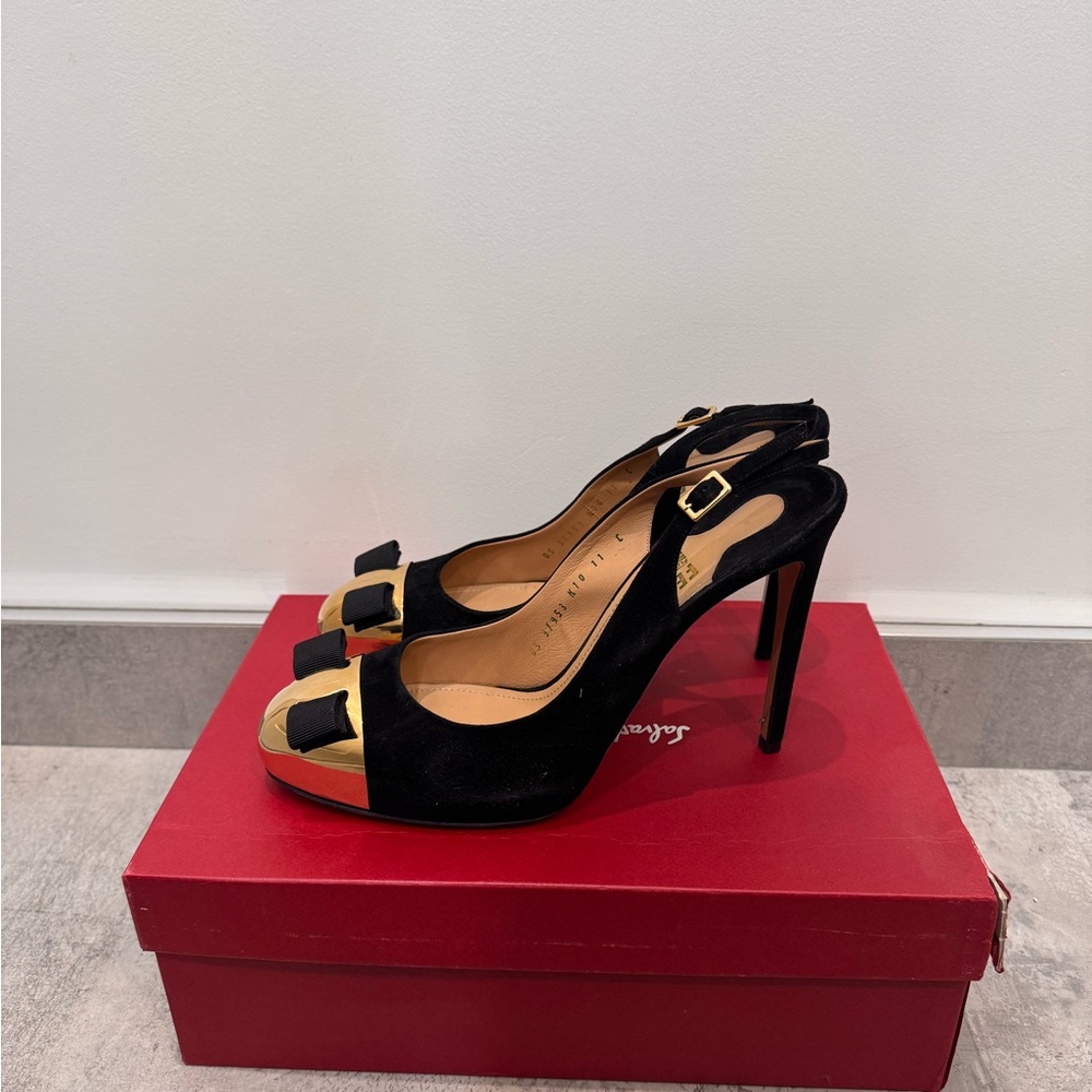 Salvatore Ferragamo Black and Gold Heels